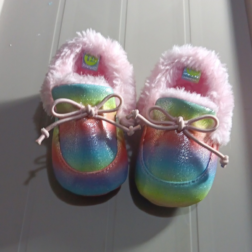 Rainbow Kids Moccasins with Pink Fur Lining